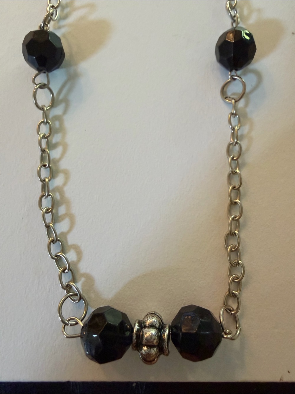 Silver tones, black bead necklace 24 inches